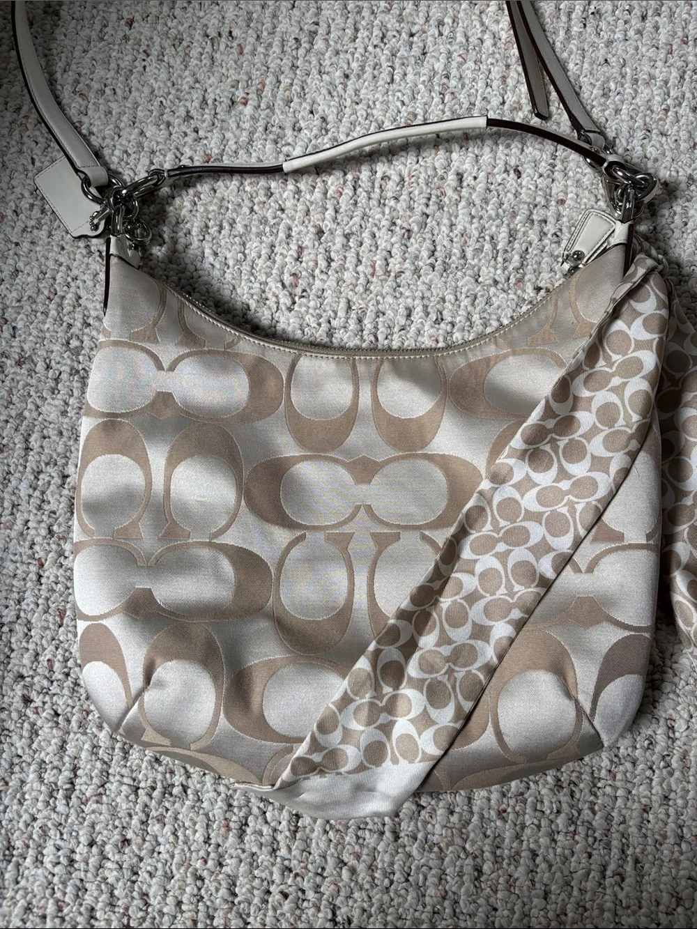 Coach Signature Hobo Bag in Beige and Ivory with Silver Hardware